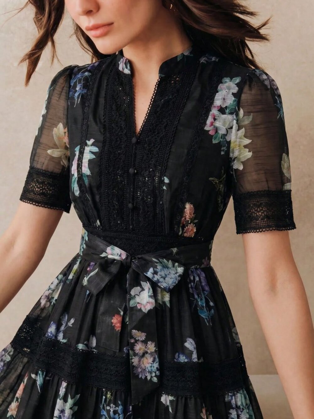 Black Boho Women's Floral Pattern Patchwork Lace Trim Dress - Picture 8 of 8